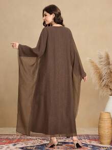 Al Najma 女士雪纺披肩，饰有3D立体花卉图案，V领，宽松修身长款开衫 - 棕色 - 查看 2