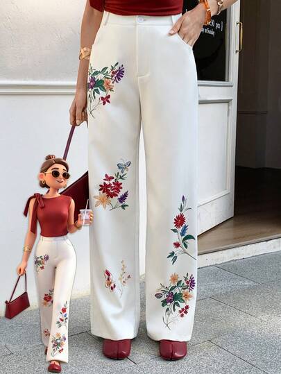 Elyressa Floral Print Wide Leg Casual Vacation Pants For Women