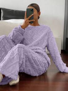 DAZY 2pcs Women's Thick Plush Textured Loose Long Sleeve Top And Pants Pajama Set, Winter - Purple - View 6