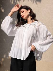 Seusyu 春夏韩版休闲优雅白色长袖蕾丝刺绣女式衬衫 - 白色 - 查看 6