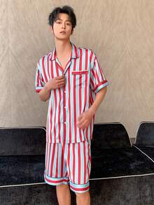 DAZY Bộ đồ ngủ nam mùa hè kẻ sọc xanh dương và đỏ tay ngắn gồm áo và quần - Đỏ - Xem 7