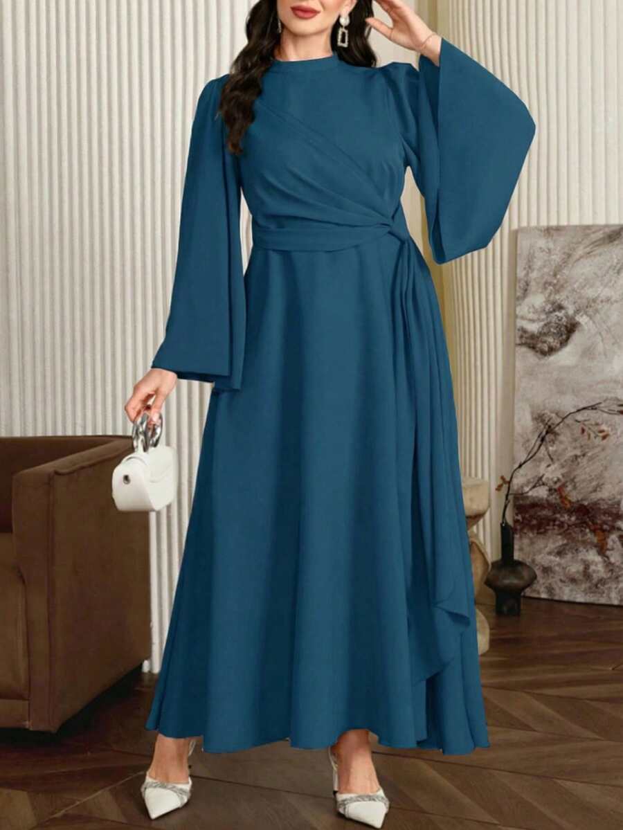 Modelyn Plus Size Women Elegant Long Dress With Collar And Flowy Scarf, Deep Red - Blue - View 1