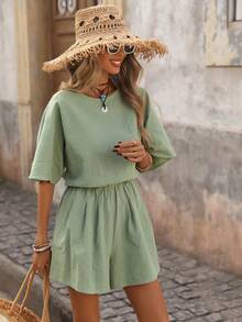 Brillora 女士休闲连体裤，圆领，收腰设计，A字廓形，质感面料，适合夏季外出和度假。 - 綠色 - 查看 6