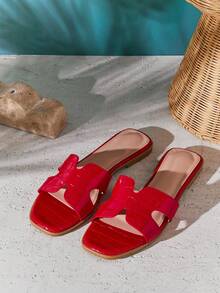 SHUZIA 史上最畅销女式奢华风镂空露趾经典鳄鱼皮红色拖鞋春季鞋