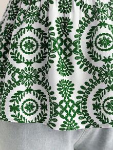 SHEIN Frenchy 舒适质感，精致度假休闲印花背心短裤两件套，夏季度假季，舒适，波西米亚风，潮流，优雅，休闲，简约日常 - 軍綠色 - 查看 7