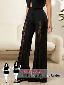 SHEIN PETITE CURVE 大码时尚休闲撞色蕾丝纯色喇叭裤，适合日常生活、通勤、派对、毕业典礼、办公室、约会等场合，黑色喇叭裤，蕾丝裤，春季，情人节，嘉年华服装，派对，婚礼及活动，优雅，黑色裤子 - 黑色 - 查看 8