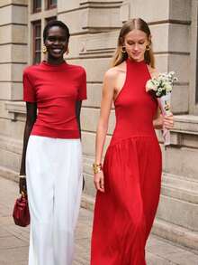 Lumivelle 女士春夏新款针织连衣裙，立领，系带露背，收腰设计，露背镂空，A字梭织裙摆，优雅浪漫风格 - 紅色 - 查看 6