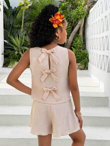 少女杏色休闲日常圆领纹理面料蝴蝶结露背吊带背心和短裤两件套 - 杏色 - 查看 3