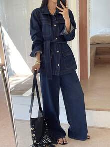 DAZY Women's Solid Color Belted Front Button Long Sleeve Top And Jeans Pants Set