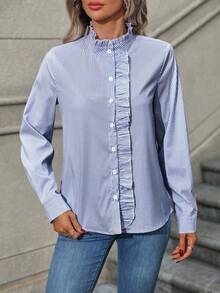 SHEIN LUNE 女士荷叶边条纹长袖单排扣休闲衬衫 - 寶藍色 - 查看 4