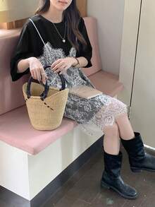 DAZY 女士蕾丝拼接二合一短袖连衣裙，休闲女士复活节连衣裙 - 黑與白 - 查看 4