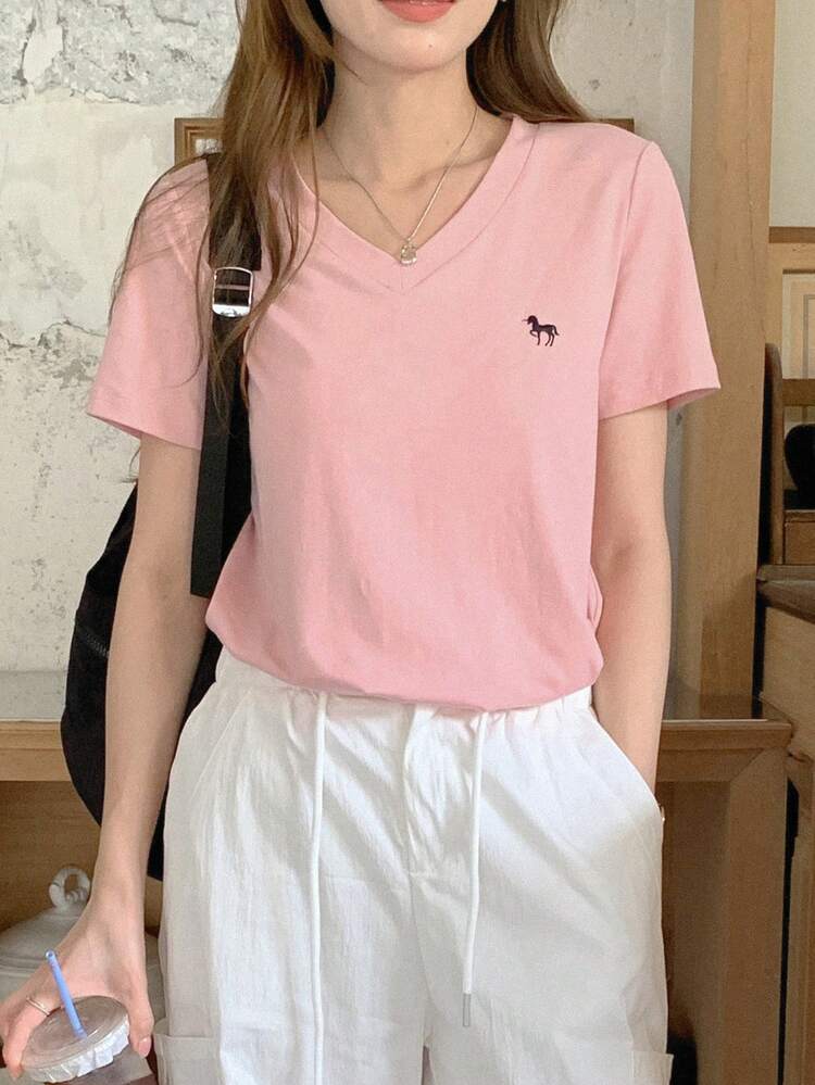 Women V-Neck Embroidered Short Sleeve Casual T-Shirt