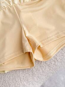 Tween Girls Yellow Knit Casual Vacation Versatile Hollow Textured Ruched A-Line Mini Skirt, Suitable For All Seasons - Yellow - View 6