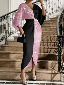 SHEIN Lady Đầm dự tiệc cỡ lớn dành cho nữ, cổ chữ V, phối màu, thắt eo. - Nhiều màu - Xem 6