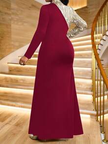 SHEIN Lady Đầm dài tay cổ đứng đính sequin phối nhiều mảnh dành cho nữ cỡ lớn, kiểu dáng thanh lịch. - Màu Đỏ Sâu - Xem 2