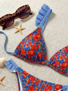 Swim Mod Plus Size New Summer Vacation Beach Holiday Sweet Ruffle Floral Print Contrast Color Blue Boho Butterfly Design 2 Pieces Set Swimwear Bikini For Women - Multicolor - View 9