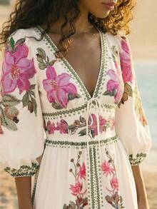 CAJUNI Tropical Vacation Embroidery Flowers Pink Dress - Pink - View 5