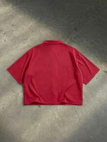 GENTILAND 男士字母刺绣短袖单排扣休闲条纹衬衫 - 紅色 - 查看 3