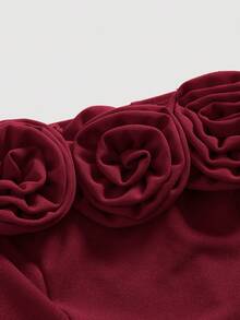 SHEIN MOD 女士露肩纯红色连衣裙，饰有3D花朵 - 酒紅色 - 查看 3