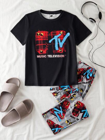 MTV | SHEIN 2pcs/Set Tween Boy Casual Letter Graphic Short Sleeve Top And Pants Pajama Set