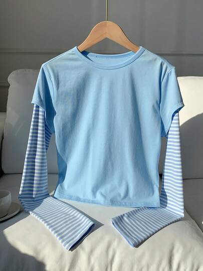 Comfortcana 2026 New Arrival Spring/Summer Fashionable Women's Striped Patchwork Round Neck Casual Long Sleeve T-Shirt Summer Outfits For Women Beach Outfit Going Out Tops Elegant Blouses For Ladies  Vacation Outfits Women Casual Blouses For Women Y2K Tops 2000s Style