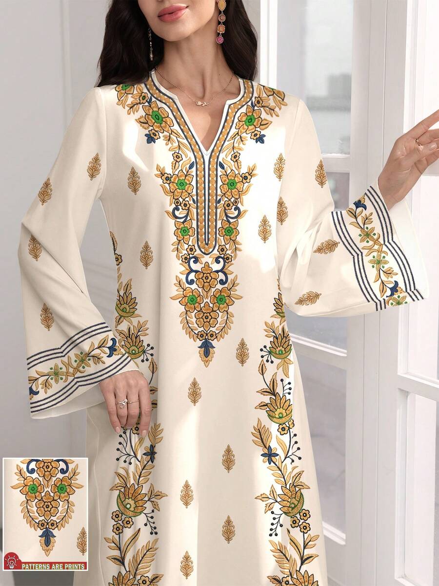 SHEIN Najma Đầm kiểu Ả Rập thanh lịch, cổ chữ V, tay loe, họa tiết hoa retro, thích hợp cho mùa xuân/thu. - Nhiều màu - Xem 1