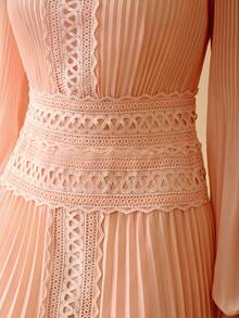 ZEYLAH Elegant Romantic Pleated Lace Patchwork Dress, Spring/Summer - Coral Pink - View 2
