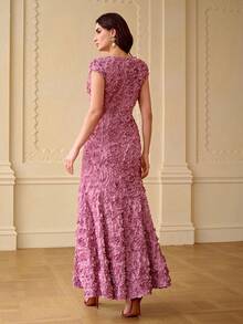 ZEYLAH V-Neck Floral Embroidered Fitted A-Line Dress, Spring/Summer - Violet Purple - View 3