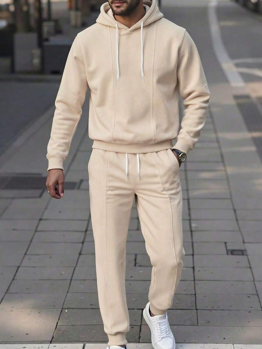 Manfinity Homme 2件套男士休闲长袖连帽衫和裤子套装 - 米色 - 查看 1