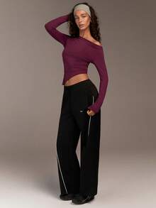 Menodora SHEIN Sport Breathable Lightweight Women's Solid Color Asymmetric Long Sleeve Yoga Top, Sweat-Wicking Quick-Dry Fabric, For Yoga Gym Workout - Purple - View 5