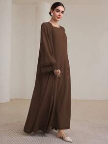 Graceveil 2pcs Women Traditional Long Dress & Abaya Coat Set Modest - Coffee Brown - View 7