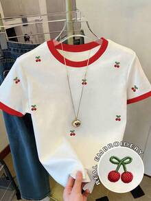 Resyla 女士樱桃刺绣修身短袖T恤 - 白色 - 查看 1