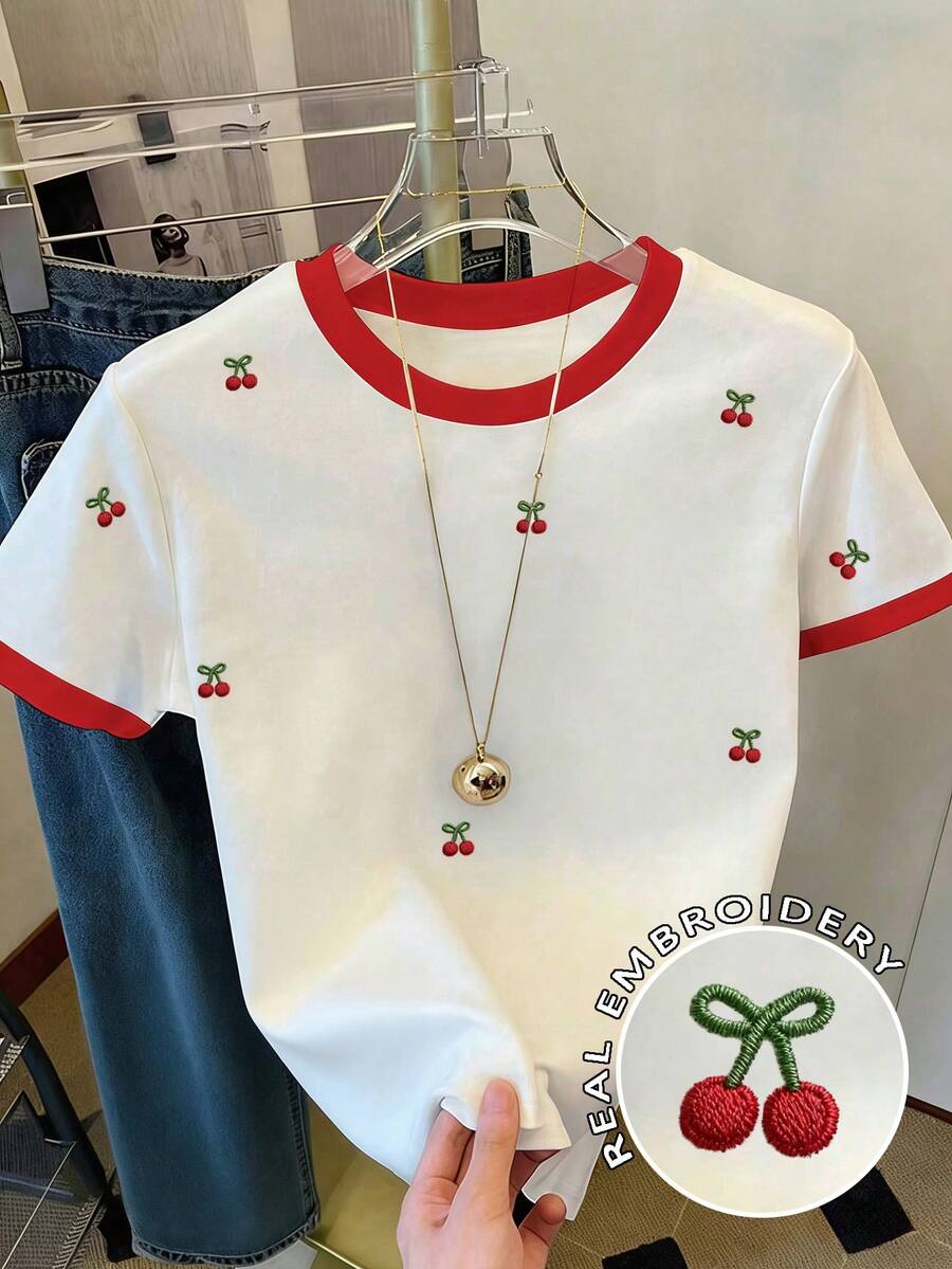 Resyla 女士樱桃刺绣修身短袖T恤 - 白色 - 查看 1