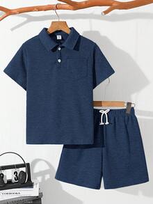 SHEIN Bộ 2 món cho bé trai tuổi teen, gồm áo thun cổ polo tay ngắn màu trơn dáng rộng và quần short, thích hợp đi làm, đi học, mặc thường ngày, chơi thể thao, mùa xuân/hè. - Màu xanh hải quân - Xem 7