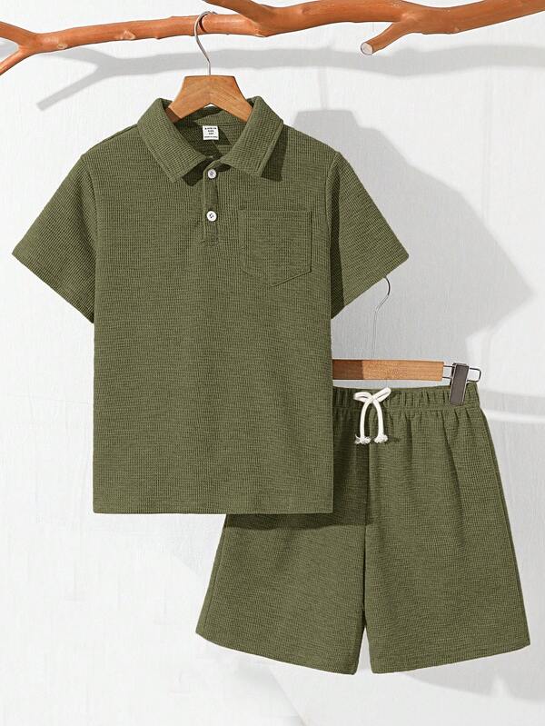 SHEIN 2pcs Tween Boy Casual Loose Solid Color Polo Collar Short Sleeve T-Shirt And Shorts Set, Suitable For Commuting, School, Daily Casual Wear, Sports, Spring/Summer
