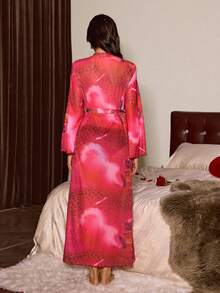 SHEIN Sexy Sheer Leopard Print Long Sleeve Long Robe For Women - Red - View 2