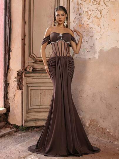 Glamrae Elegant, Glamorous, And Stylish, This Brown Stretch Knit Dress Features A Mesh Overlay, Handcrafted Rhinestone Chain Embellishments, Off-The-Shoulder Design, Multiple Boning Details, A Flowing Front Panel, And A Fishtail Train. Suitable For All Formal Occasions, This Heavily Embellished Evening Gown Is Perfect For Evening Events.,Wedding Guest Dress For Women