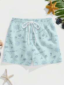 Manfinity RSRT 男士沙滩短裤，极简时尚素描印花度假风沙滩短裤，网眼内衬 - 彩色 - 查看 2