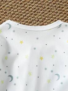 SHEIN Vintaside Kids 2件装新生男婴罗纹针织长袖连体衣，按扣设计，薄荷绿和象牙白配色，星月图案 - 彩色 - 查看 4