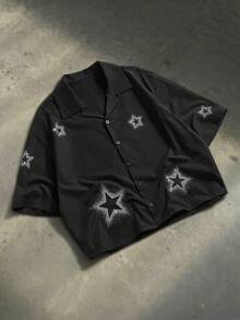 SWAVVY Men's Fashion Rhinestone Embellished Short Sleeve Shirt, Spring/Summer - Black - View 6