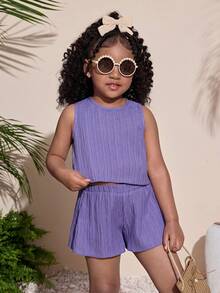 Young Girl Fashion Resort Round Neck Purple Shirt & Shorts Set - Mauve Purple - View 4