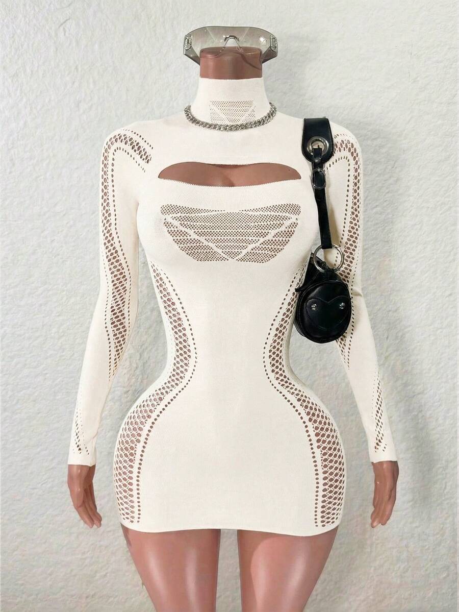 Mistrie 女士纯色立领长袖镂空性感紧身连衣裙 - 米色 - 查看 1