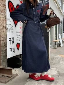 DAZY 女士翻领蝴蝶结刺绣装饰二合一不规则拼接设计休闲优雅牛仔连衣裙