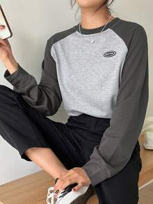 DAZY Letter Patched Colourblock Raglan Sleeve Tee - Grey - View 6