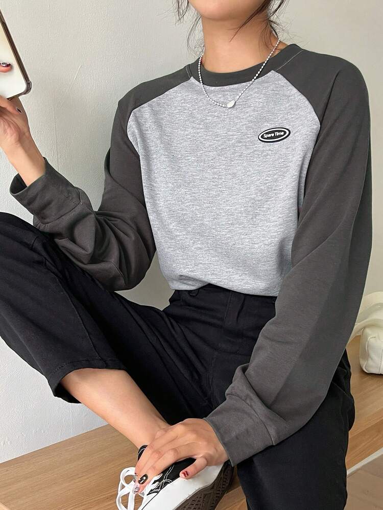 Letter Patched Colorblock Raglan Sleeve Tee,Fall Clothes Preppy Tops Long Sleeve Women Tops