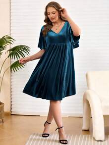 EMERY ROSE Plus Size Women's Summer Elegant Dinner Dress,Light Teal V-Neck Ruffle Sleeve Lace & Velvet Patchwork Viscose Casual Vacation Outfits For Women - Blue - View 2