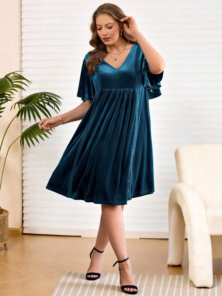 Plus Size Women's Summer  Casual Vacation V-Neck Ruffle Sleeve Lace & Velvet Patchwork Solid Blue Casual Vacation Dress, Early Spring,Spring Break Outfits ,Vacation Outfits Women ,Holiday Outfits For Women,Spring Dress Women,Going Out Outfits,2026 New Clothes,Simple And Fashionable For Everyday Wear, Teal Dress Plus Size, Teal Blue Dress Women, Viscose Dress Plus Size
