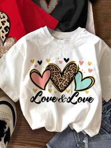 SHEIN 3pcs Young Girl Casual Cute Leopard Print & Heart Graphic Short Sleeve Basic T-Shirt, Suitable For Spring/Summer Casual Everyday Wear - Multicolor - View 3