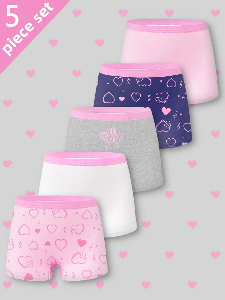 Sparklyn 5条/包 女童/青少年 爱心印花 柔软舒适 宽松 日常休闲 平角内裤