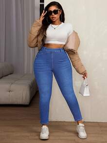 Slaydiva Plus Size Women Elastic Side Button Skinny Jeans - Medium Wash - View 4